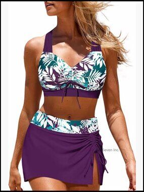 Push Up Bikini Set With Skirt, Criss Cross Swimsuits, Drawstring Modest Two